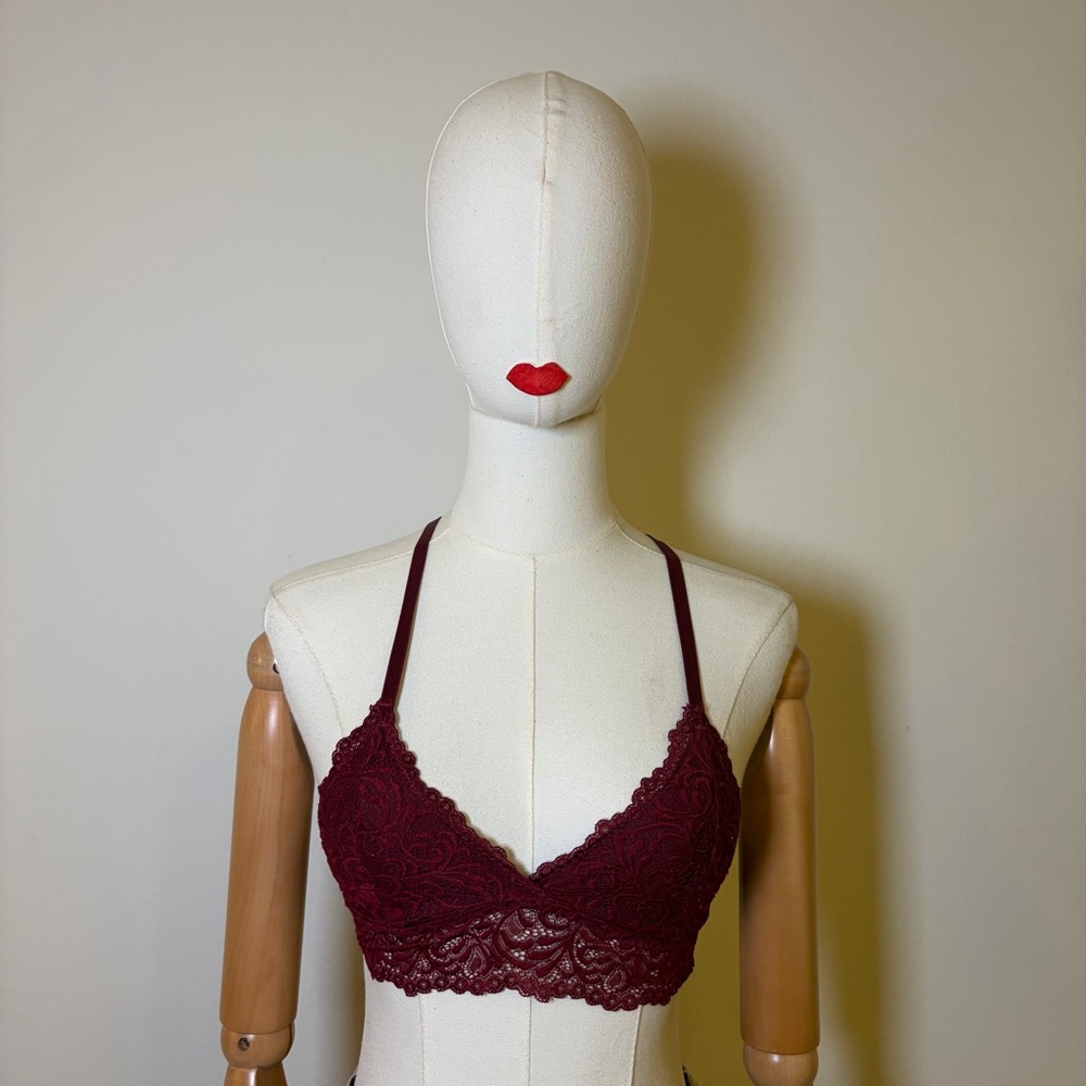 Burgundy Floral Lace Bralette - Size S - Racerback Boho Style